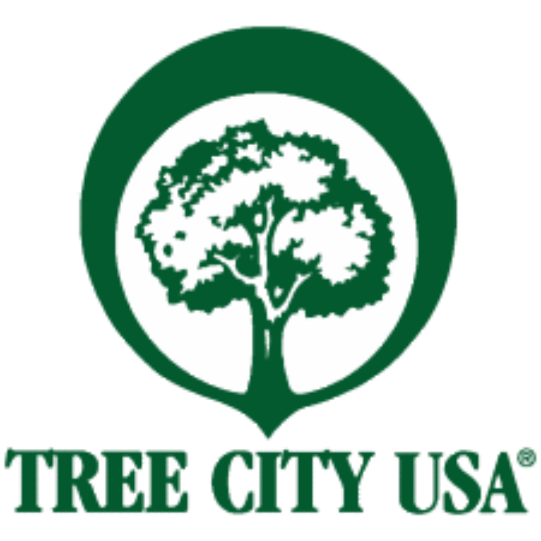 a logo for “TREE CITY USA”. It consists of a circular emblem with the silhouette of a mature tree in the center.