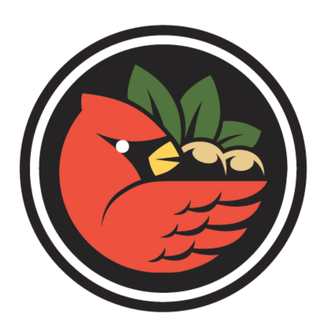 a logo featuring a cardinal with a yellow beak and white detailing around the eye. The bird appears to be holding green leaves or berries in its beak.