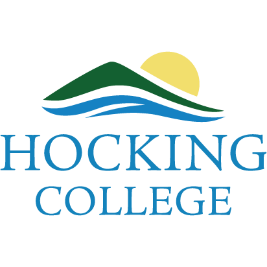 a logo for “HOCKING COLLEGE”. The logo consists of stylized elements including a green mountain, blue waves that may represent water, and a yellow sun in the background.