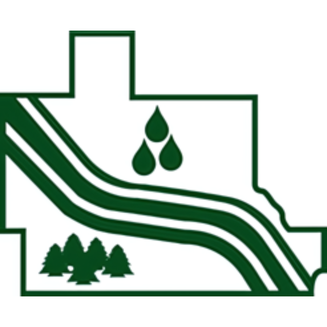 a logo that features a stylized representation of a landscape within a border that resembles the outline of a map or location marker. The landscape includes three green trees on a curved line, suggesting land or a hill. Above the trees and to the right, there are three water droplets, indicating rain or water resources.