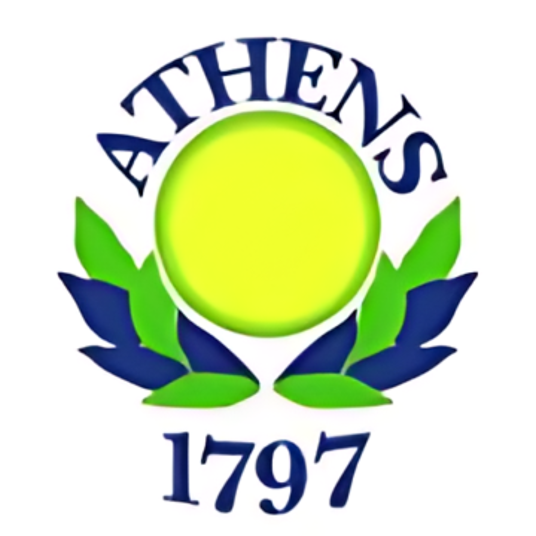 a logo for ‘ATHENS’, dated ‘1797’, featuring a green and yellow emblem surrounded by laurel branches.