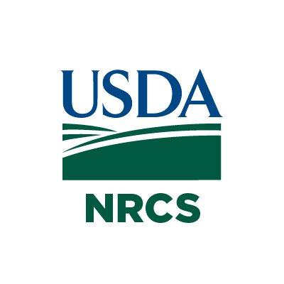 Logo of the USDA Natural Resources Conservation Service, featuring the text in two shades of blue and an abstract green graphic element resembling rolling hills or agricultural fields, underlined by a curved swoosh symbolizing land or sustainability efforts.